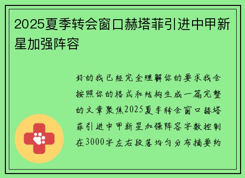 2025夏季转会窗口赫塔菲引进中甲新星加强阵容